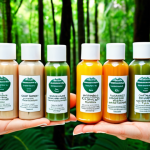** A close-up shot of a hand holding a variety of natural cosmetic product bottles. Focus on the labels, highlighting key words like "organic," "Ecocert certified," and "cruelty-free." In the background, a blurred image of a lush green forest represents the natural ingredients.

**
