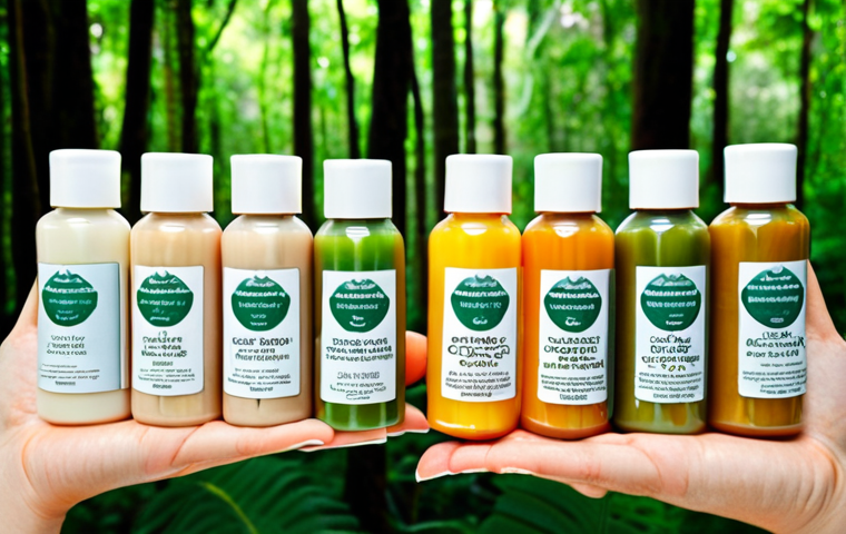 ** A close-up shot of a hand holding a variety of natural cosmetic product bottles. Focus on the labels, highlighting key words like "organic," "Ecocert certified," and "cruelty-free." In the background, a blurred image of a lush green forest represents the natural ingredients.

**