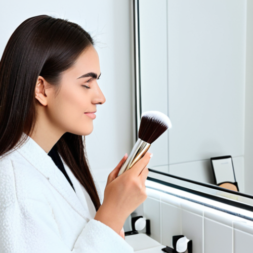 Home 18 Minimalist Beauty Routine**
"A clean and bright bathroom setting. A woman with clear, healthy skin is applying a light dusting of powder foundation with a large, fluffy brush. Focus on the simplicity and elegance of the powder compact and brush. Fully clothed, modest attire, safe for work, appropriate content, perfect anatomy, natural proportions, professional quality, family-friendly."
**