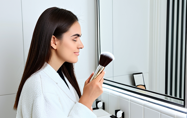 Minimalist Beauty Routine**
"A clean and bright bathroom setting. A woman with clear, healthy skin is applying a light dusting of powder foundation with a large, fluffy brush. Focus on the simplicity and elegance of the powder compact and brush. Fully clothed, modest attire, safe for work, appropriate content, perfect anatomy, natural proportions, professional quality, family-friendly."
**