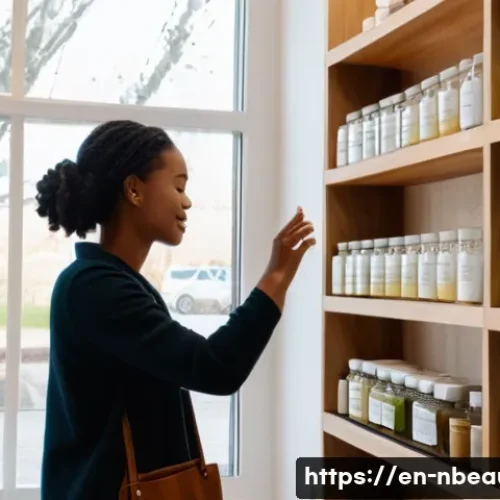천연화장품 판매 플랫폼 - A serene, modern skincare boutique interior showcasing eco-conscious beauty products arranged on woo...