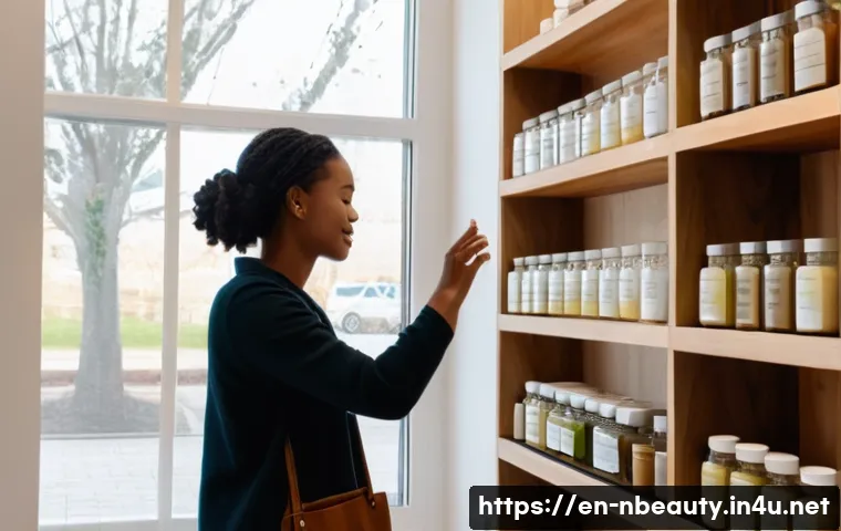 천연화장품 판매 플랫폼 - A serene, modern skincare boutique interior showcasing eco-conscious beauty products arranged on woo...