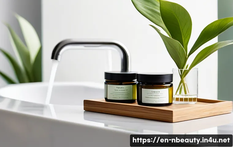 천연화장품 리필 가능 브랜드 - A luxurious refillable skincare set displayed elegantly on a minimalist wooden vanity in natural day...