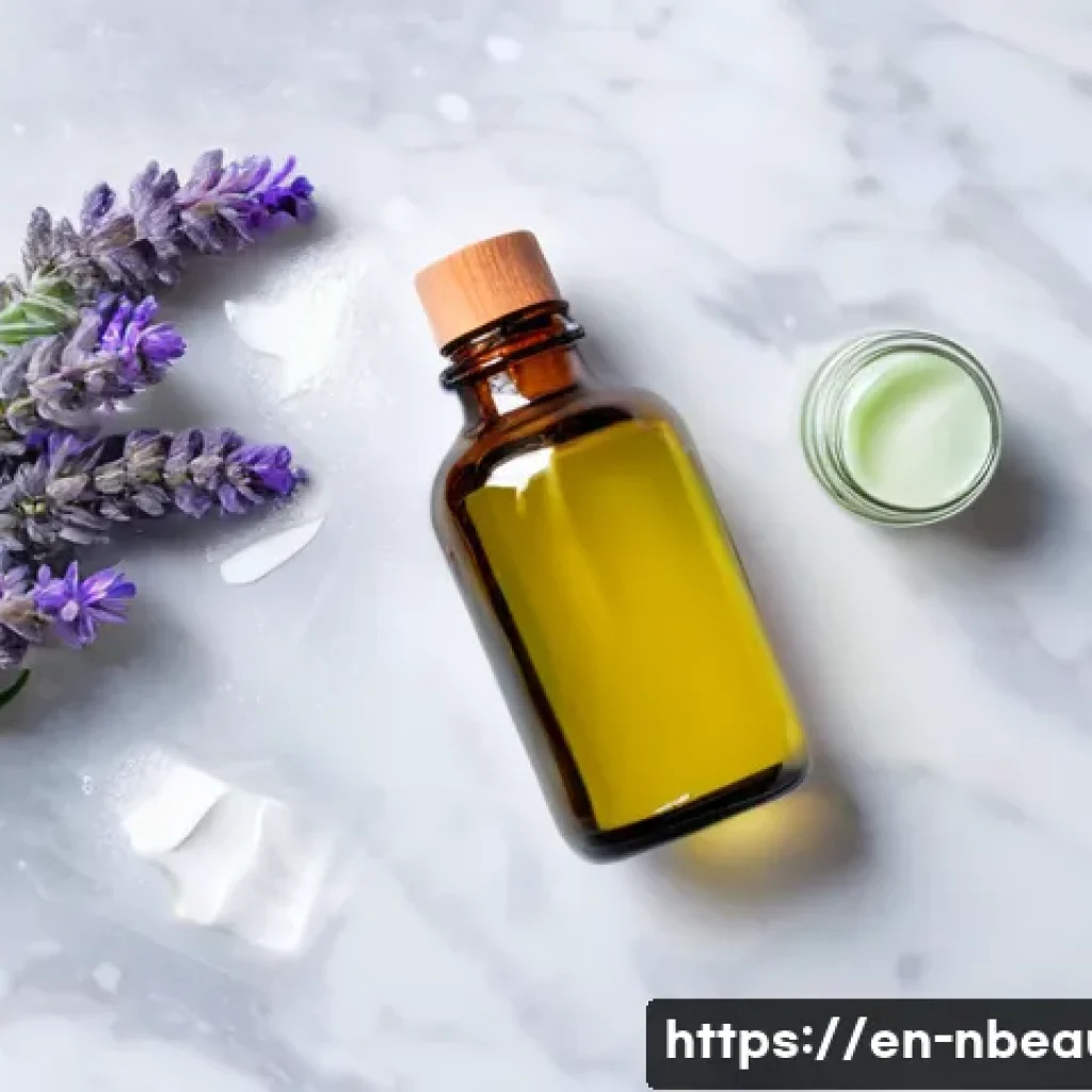 천연화장품으로 모공 관리하는 방법 - A serene skincare flat lay featuring natural pore care ingredients: a glass bottle of witch hazel to...