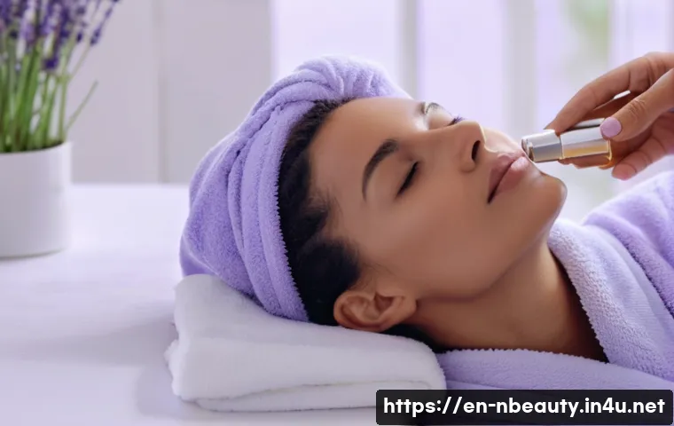 천연화장품 아로마 성분 효능 - A serene spa scene featuring a close-up of a woman with sensitive skin gently applying a soothing la...