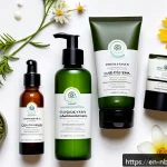 천연화장품 유기농 인증 기준 - A clean, minimalist flat lay of certified organic skincare products from different brands, each clea...
