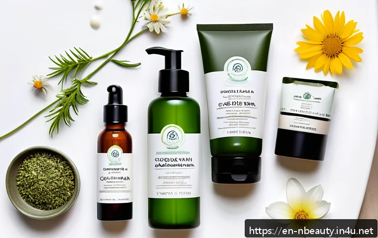 천연화장품 유기농 인증 기준 - A clean, minimalist flat lay of certified organic skincare products from different brands, each clea...