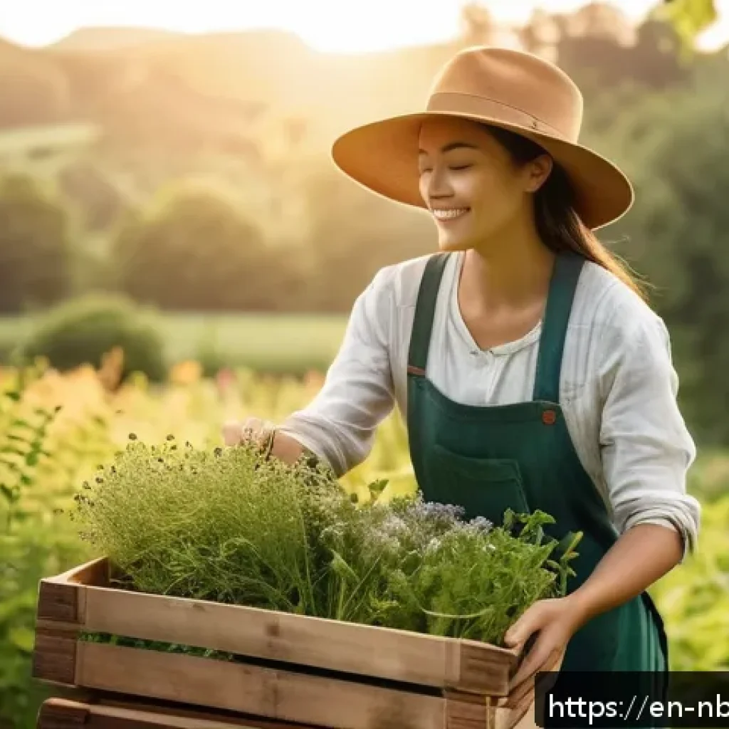 천연화장품 광고 마케팅 전략 - A warm, inviting scene of a female artisan in her early 30s gently harvesting wildflowers on a lush ...