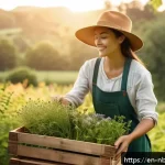 천연화장품 광고 마케팅 전략 - A warm, inviting scene of a female artisan in her early 30s gently harvesting wildflowers on a lush ...