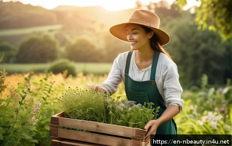 천연화장품 광고 마케팅 전략 - A warm, inviting scene of a female artisan in her early 30s gently harvesting wildflowers on a lush ...