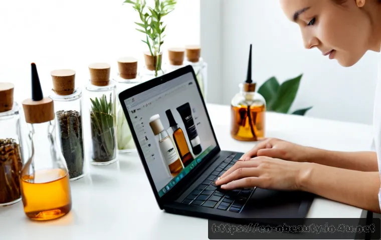 천연화장품 온라인 판매 전략 - Photorealistic natural skincare online business workspace, a confident small-business owner arrangin...