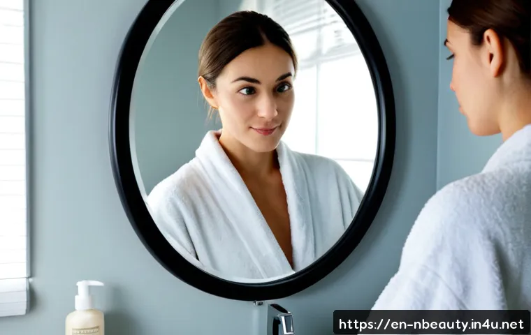 Home 17 천연화장품 사용 후 트러블 대처법 - Photorealistic bathroom vanity scene showing an adult woman with mild facial redness and a few small...