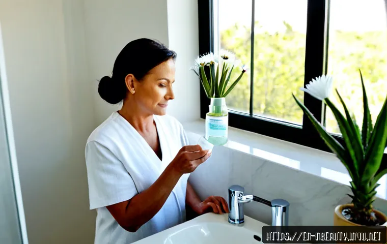 천연화장품 클렌저 선택법 - Photorealistic bathroom vanity scene showing a thoughtful woman in her 40s choosing between two unbr...